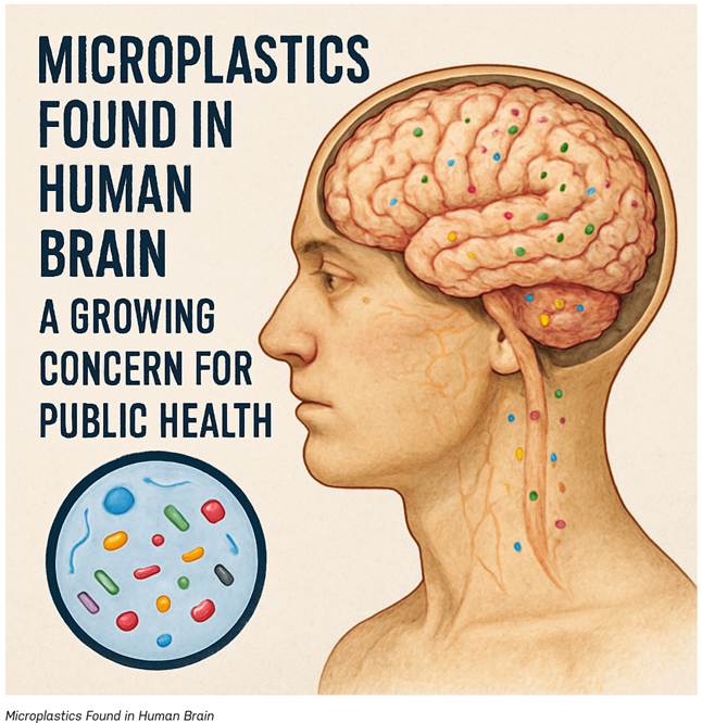 Illustration of microplastic particles accumulating in the human brain
