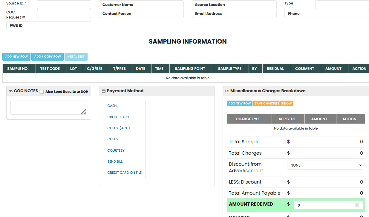 LabQuix sample intake screen with sampling information, payment method and charges